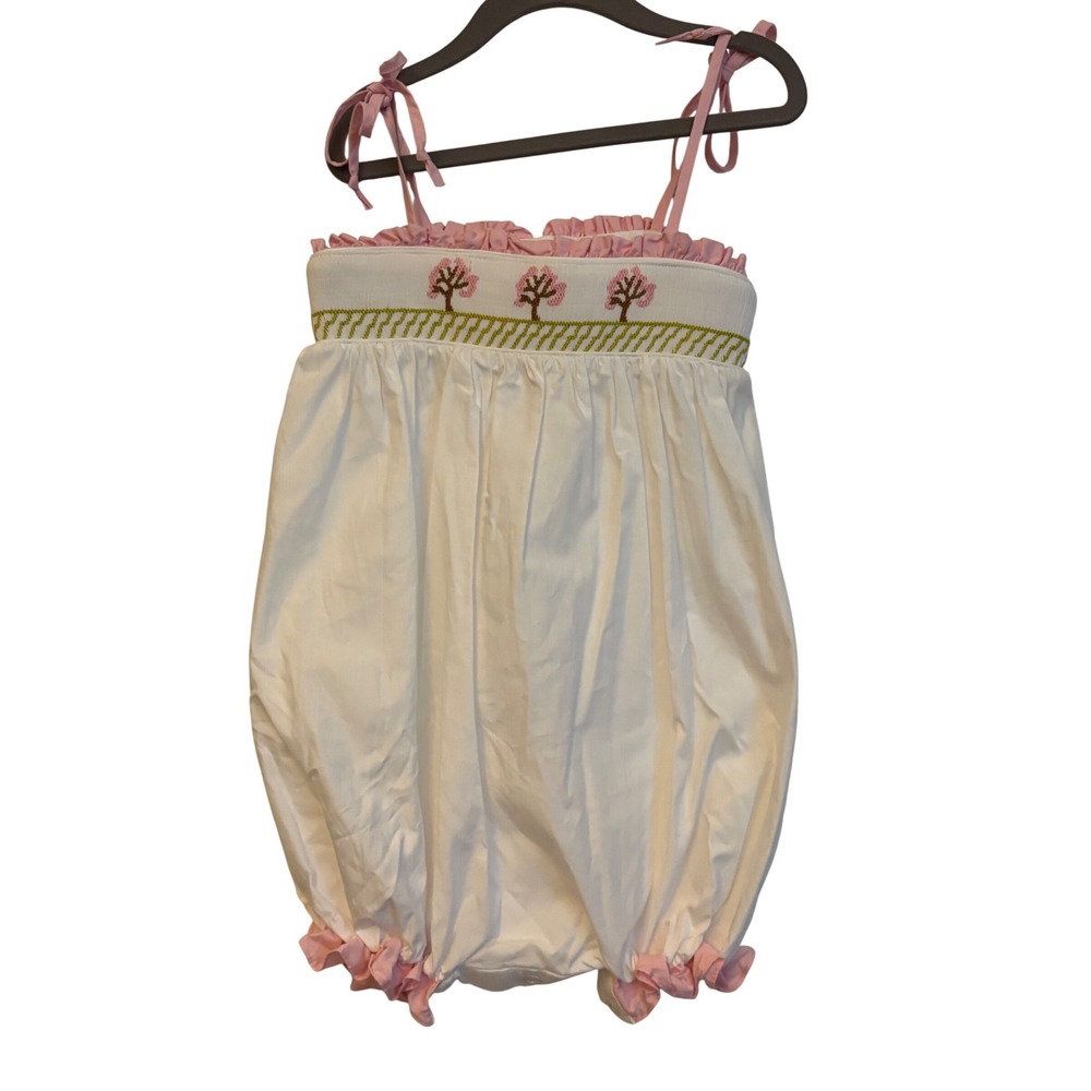 Sweet Honey Clothing Co Girls White Pink Smocked Cherry Blossom Bubble Romper 3T